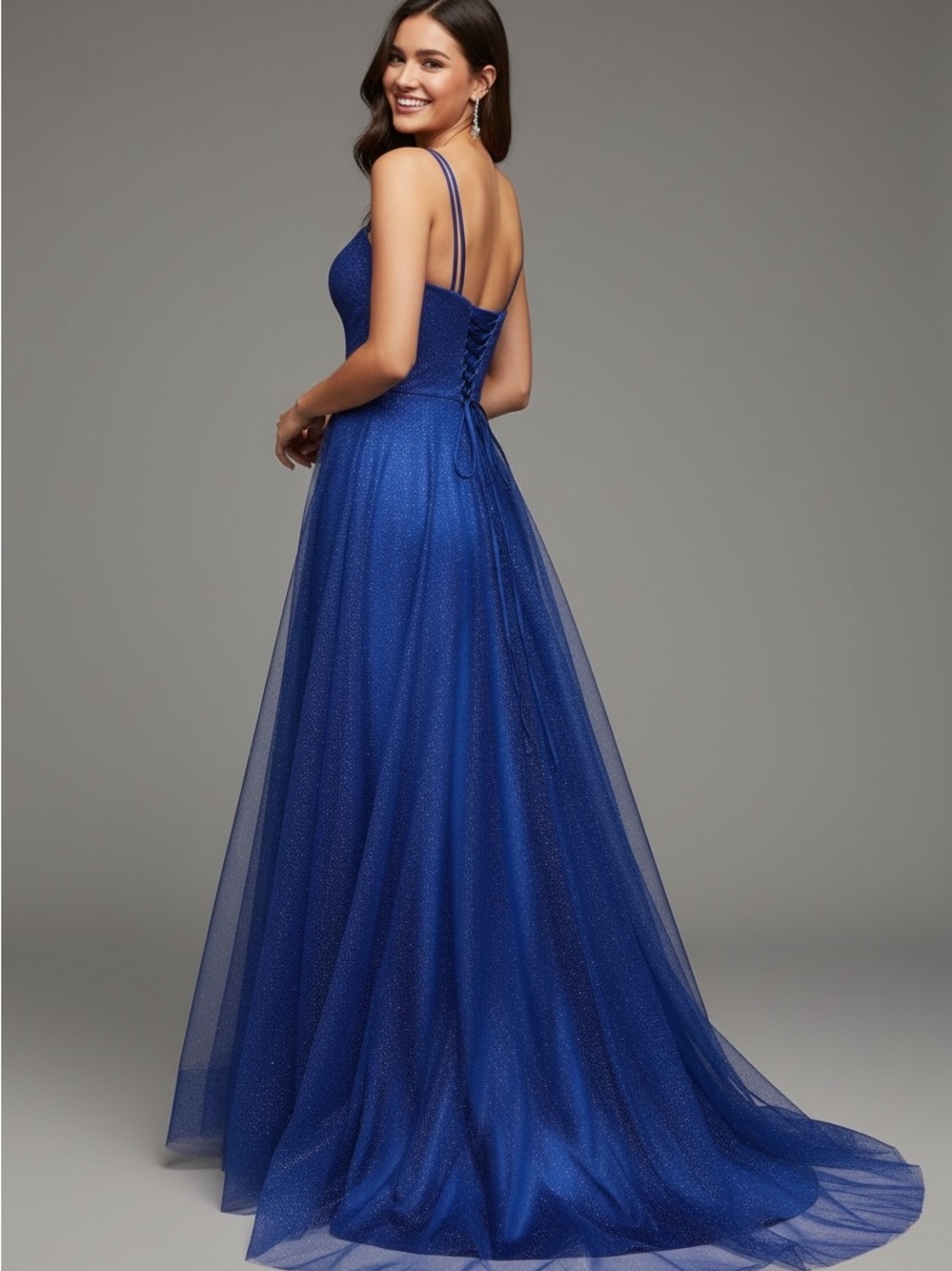 Midnight Blue Sparkle Prom Gown with Lace-Up Back